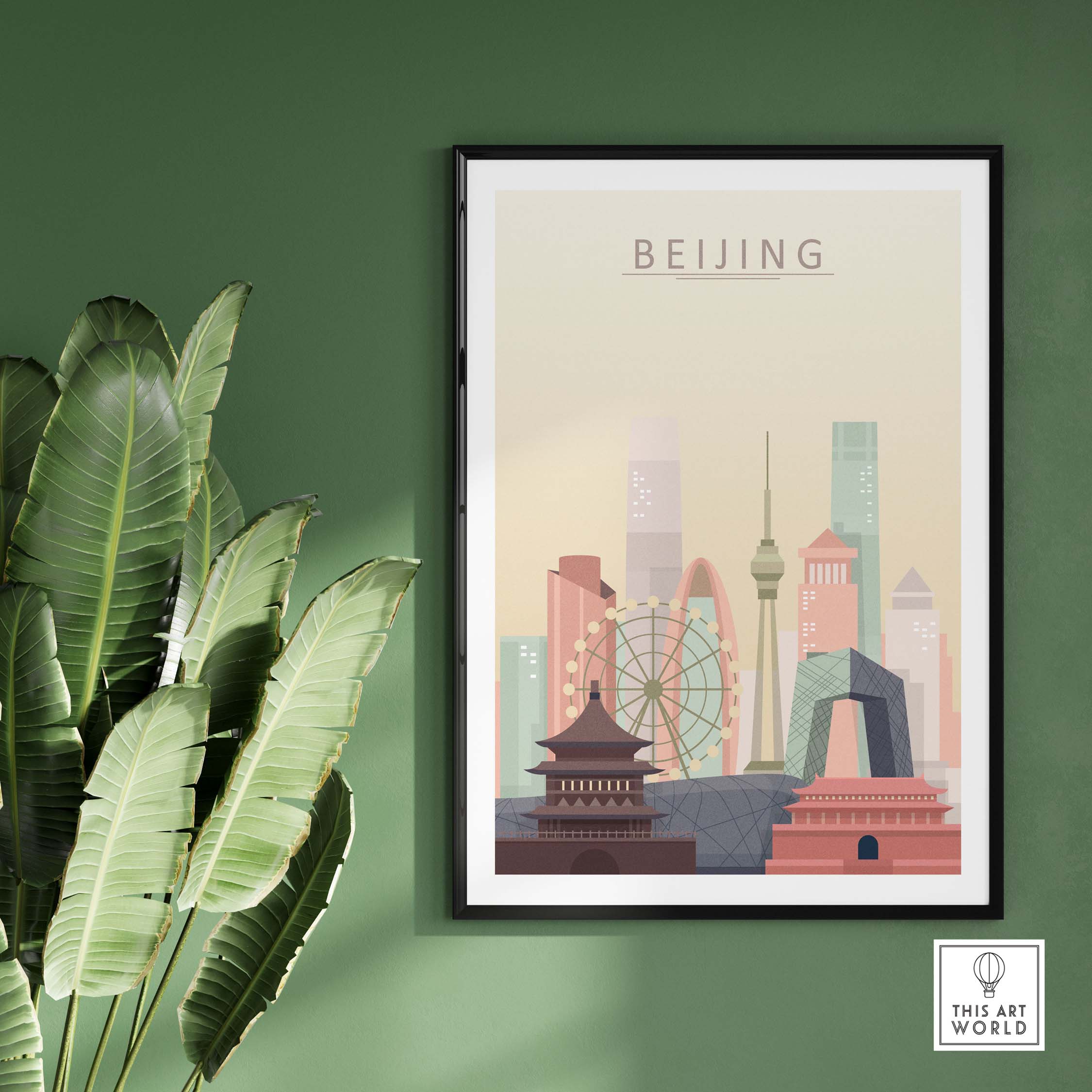 Beijing skyline wall art print featuring iconic buildings and pastel colors, perfect for home decor.