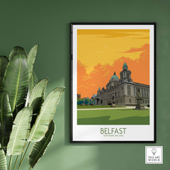 Belfast travel poster showcasing historic architecture against an orange sky, perfect for home or office decor.