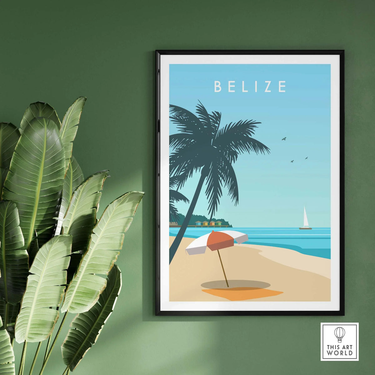 Belize Print travel poster featuring palm trees and beach scene, perfect for home or office decor.