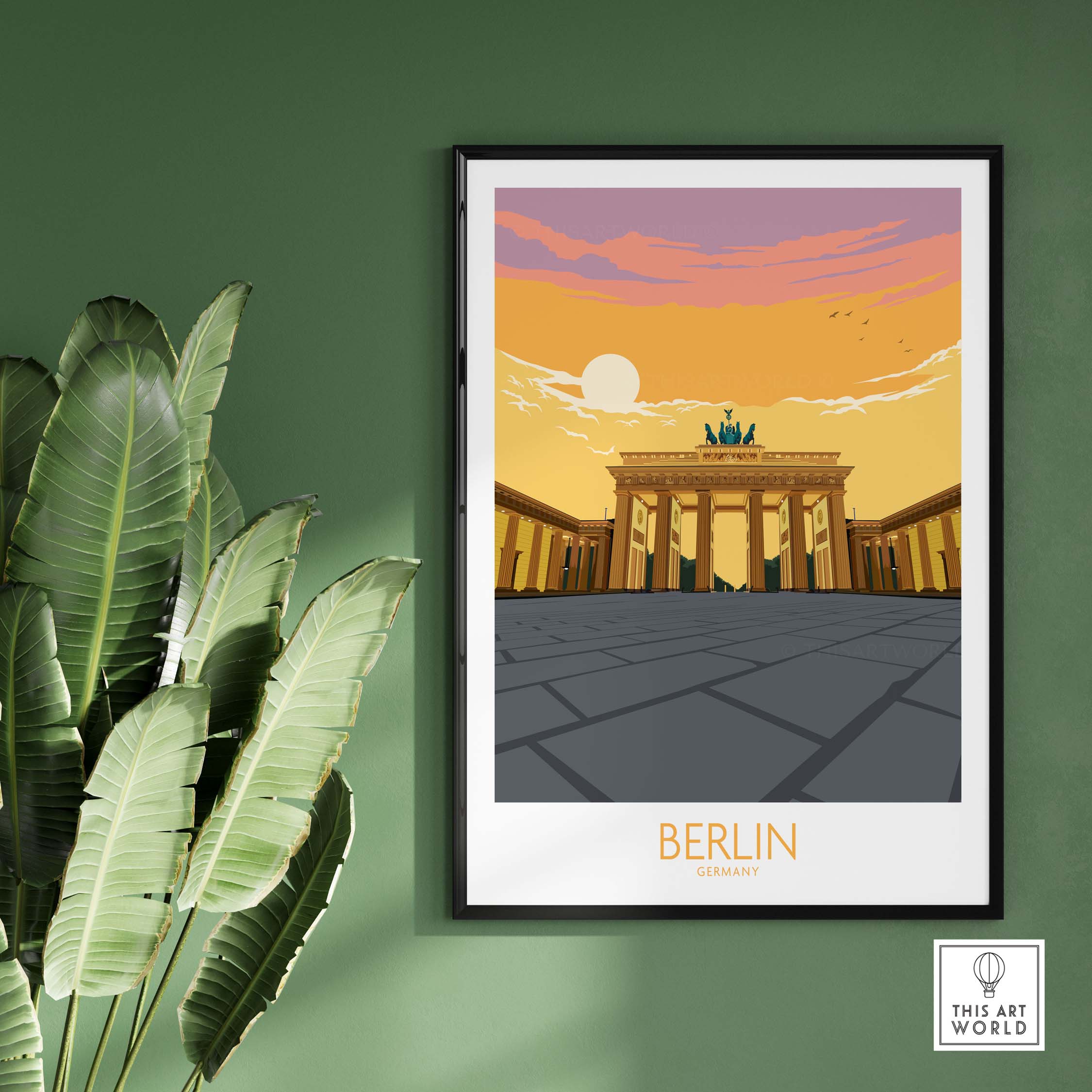 Berlin Print Germany Travel Poster showcasing Brandenburg Gate in vibrant colors, perfect for home or office decor.