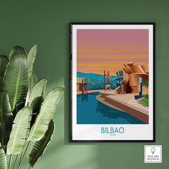 Bilbao Poster print depicting iconic architecture and landscape, framed stylishly against a green wall.