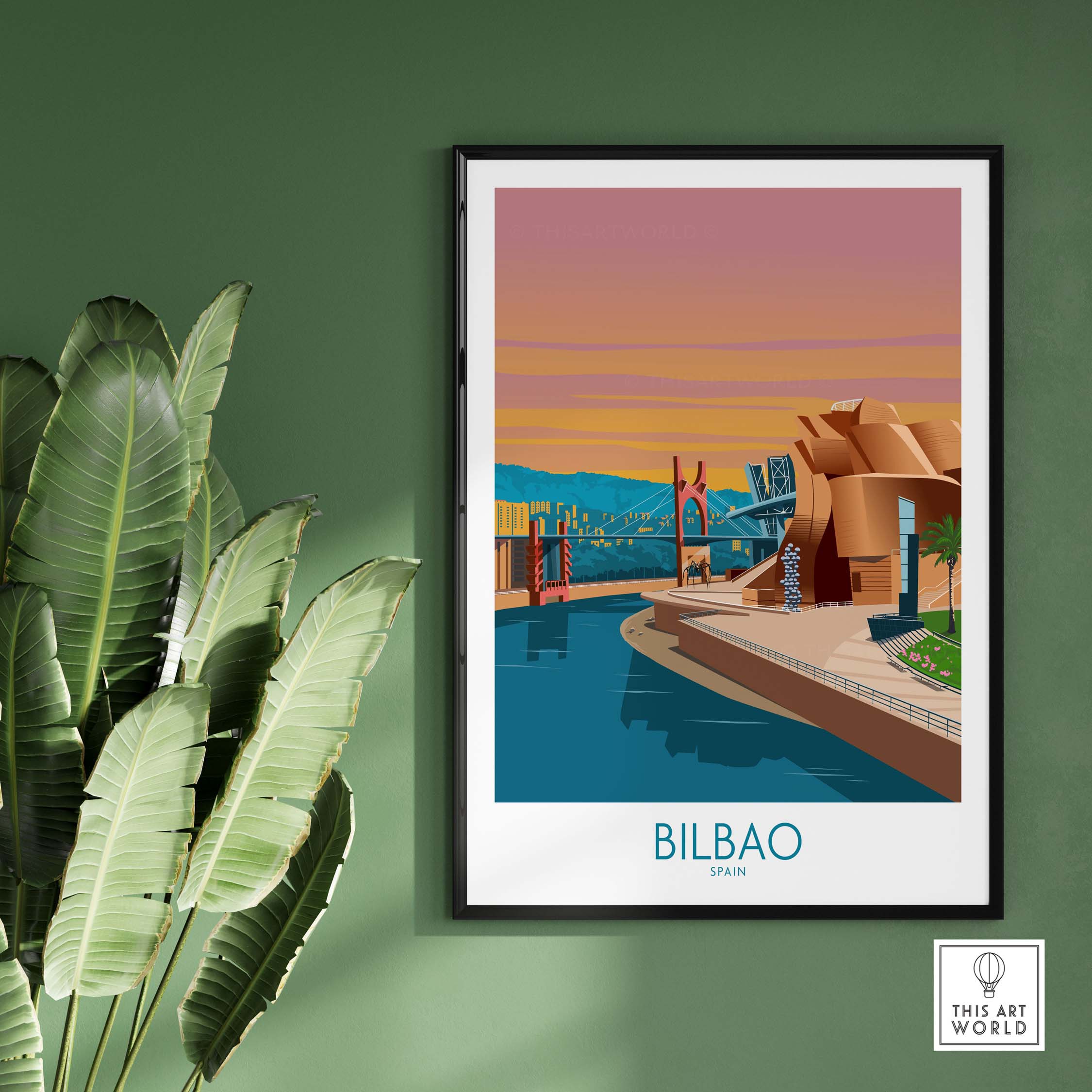 Bilbao Poster print depicting iconic architecture and landscape, framed stylishly against a green wall.