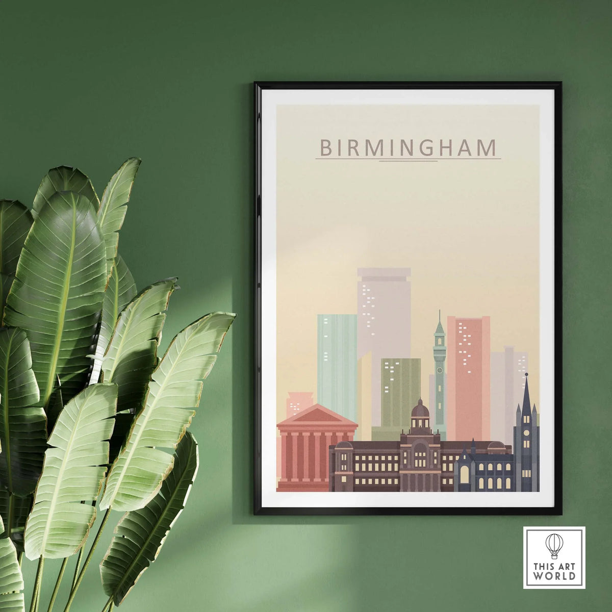 Birmingham Skyline Print showcasing iconic buildings in pastel tones, perfect for stylish wall art.