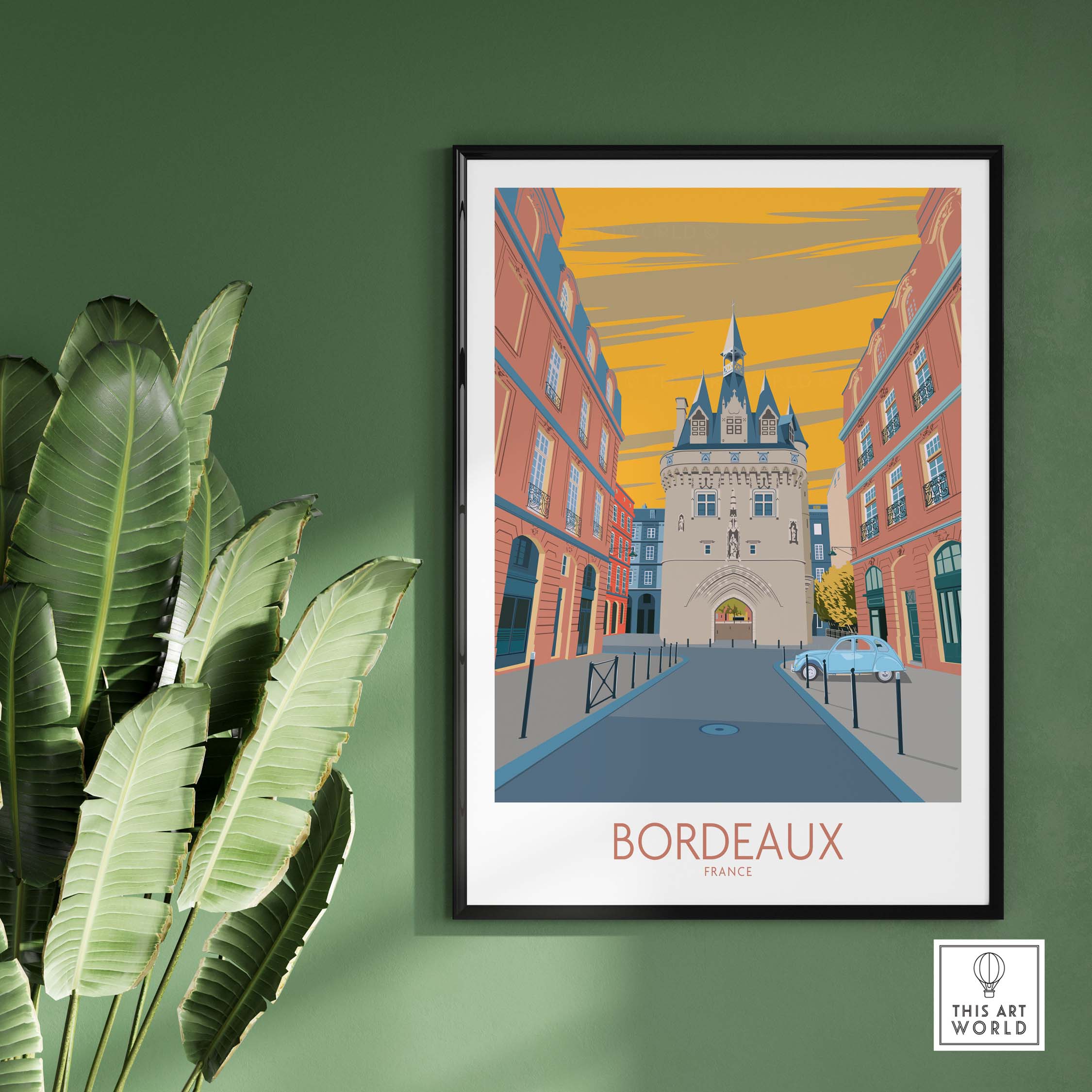 Bordeaux travel poster framed, showcasing vintage style artwork of Bordeaux, France, perfect for stylish home decor.