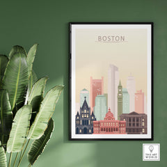 Boston Skyline Poster featuring iconic architecture in warm pastel tones, perfect for stylish home or office decor.