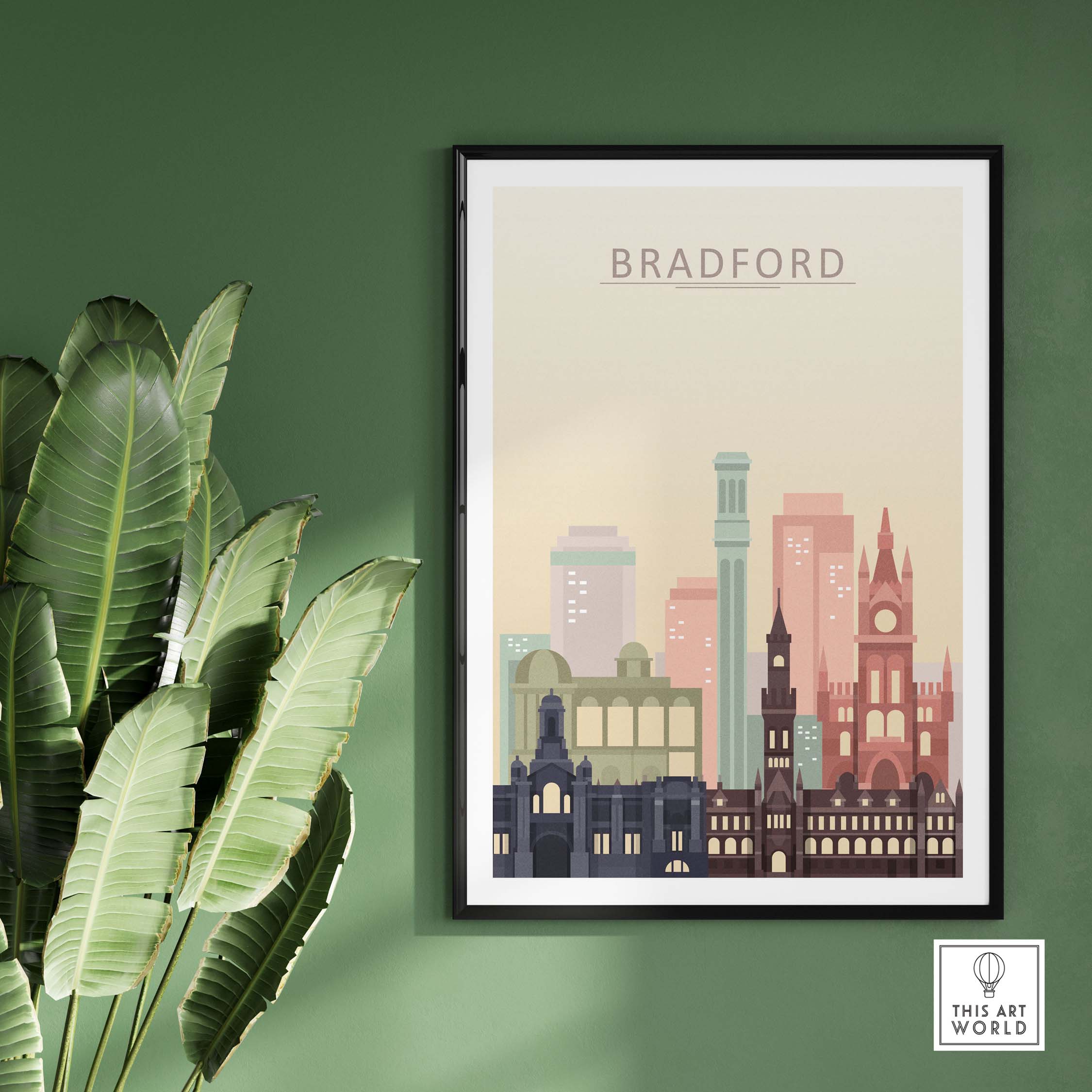 Bradford city skyline poster featuring iconic architecture in warm pastel tones, framed on a green wall.