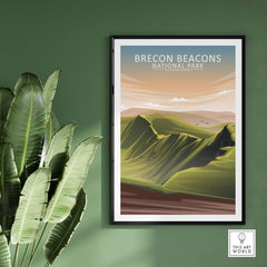Brecon Beacons National Park poster in a minimalist style, framed, with green mountains and a serene landscape.