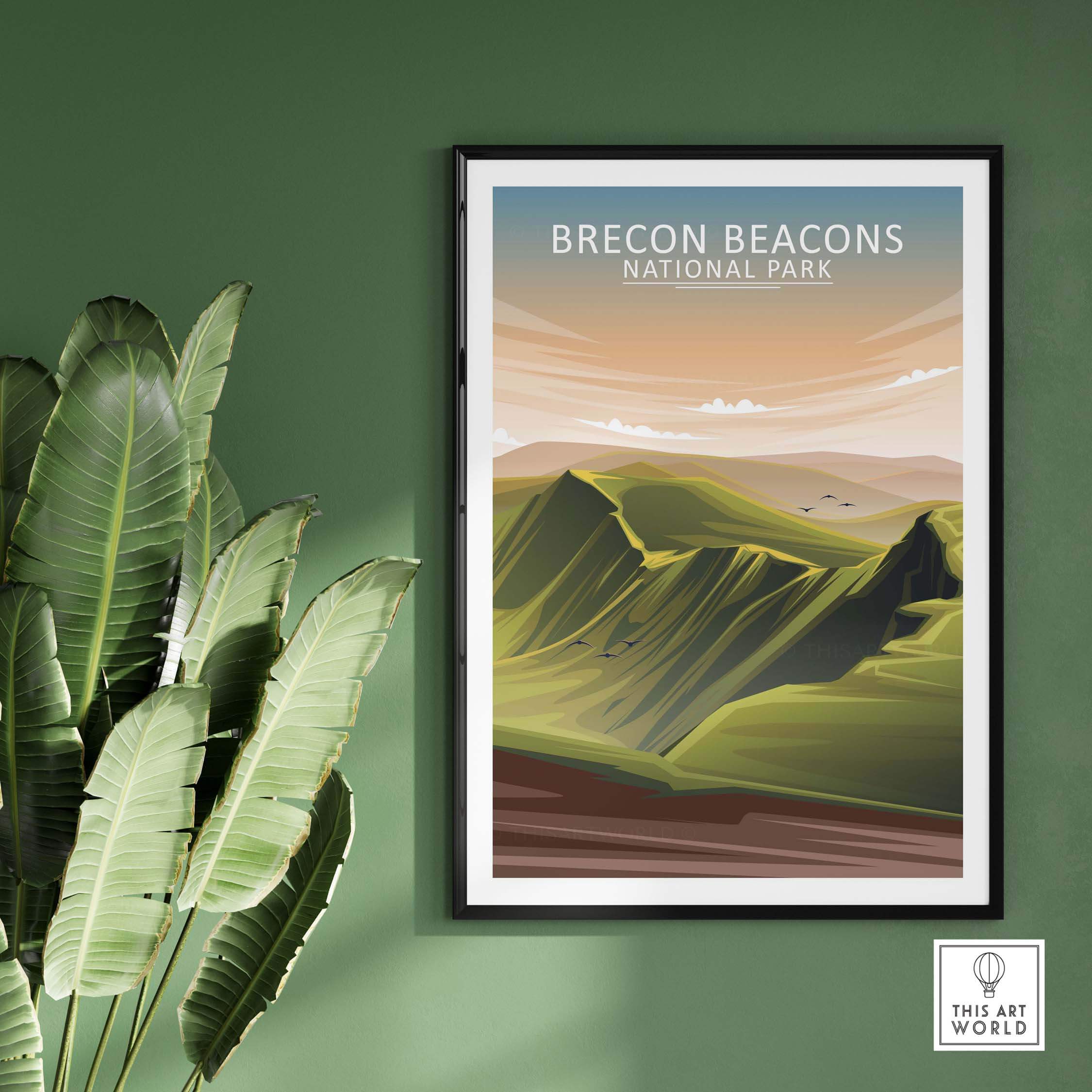 Brecon Beacons National Park poster in a minimalist style, framed, with green mountains and a serene landscape.
