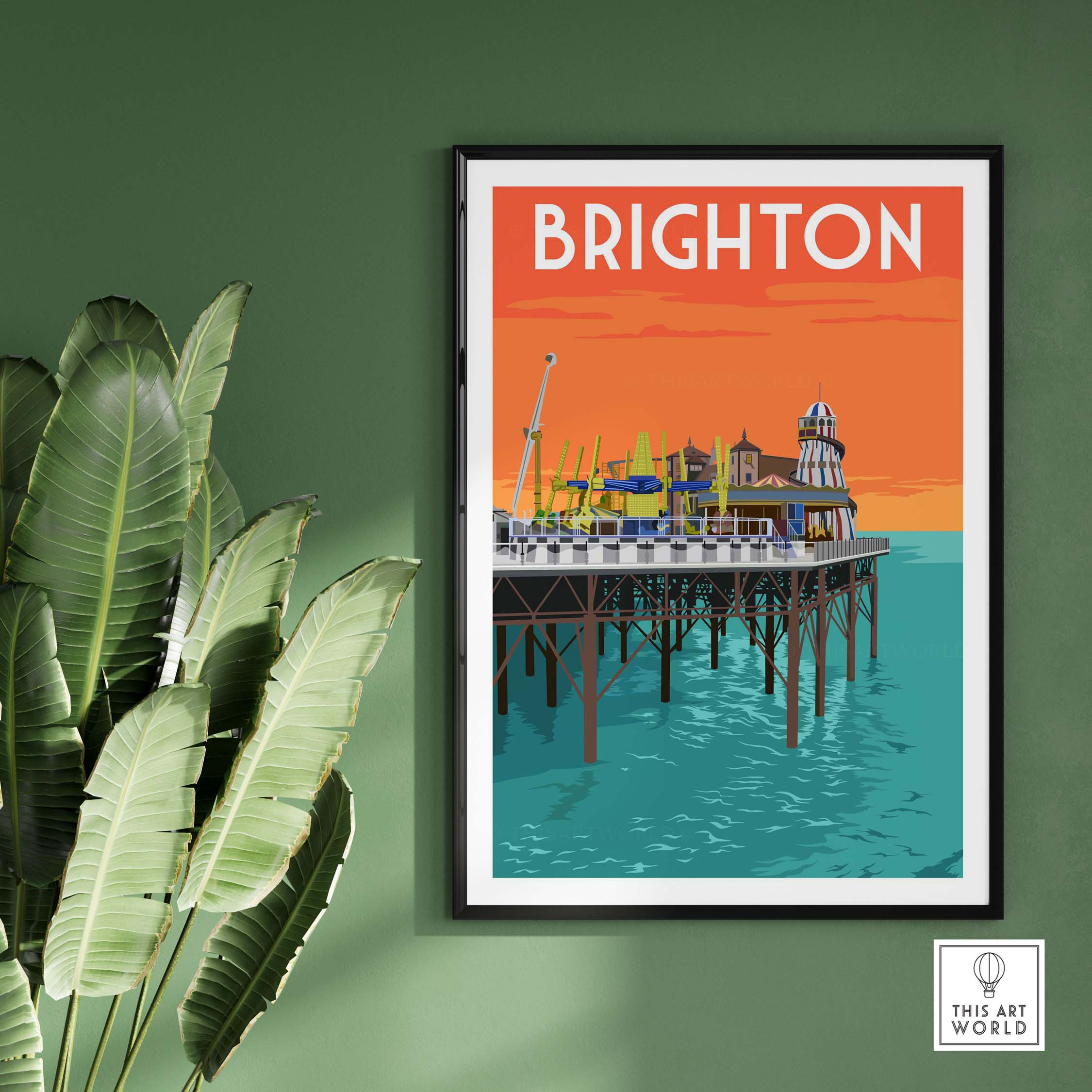 Brighton vintage travel poster featuring the iconic pier, framed art print on a green wall, showcasing coastal nostalgia.
