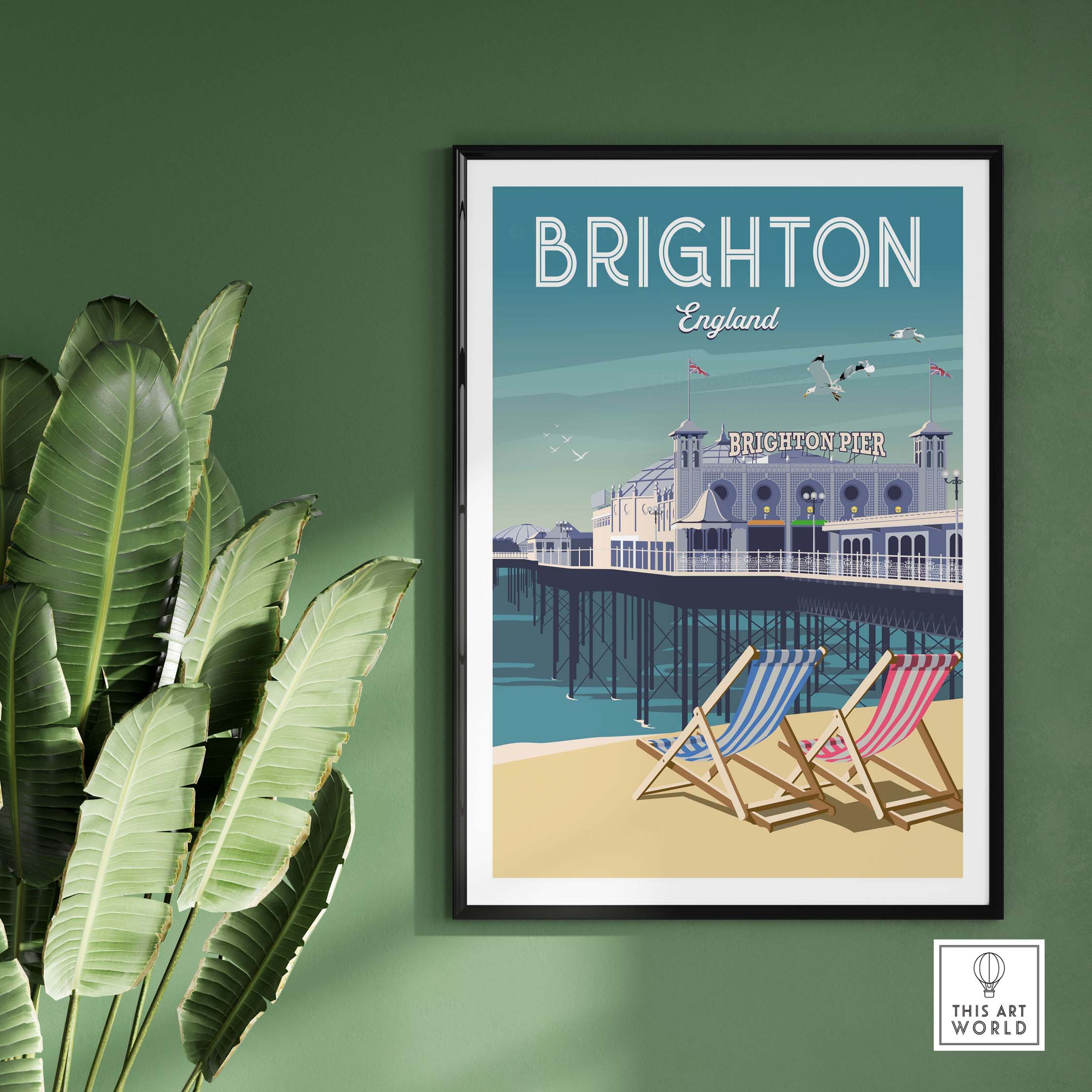 Brighton Wall Art Print showcasing Brighton Pier and beach chairs, perfect for home or office decor.