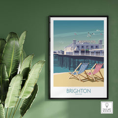 Brighton Print wall art featuring Brighton Pier with minimalist design and beach chairs on a green wall.