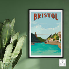 Vintage Bristol Print Poster Wall Art featuring the Clifton Suspension Bridge over a river, perfect for home decor.