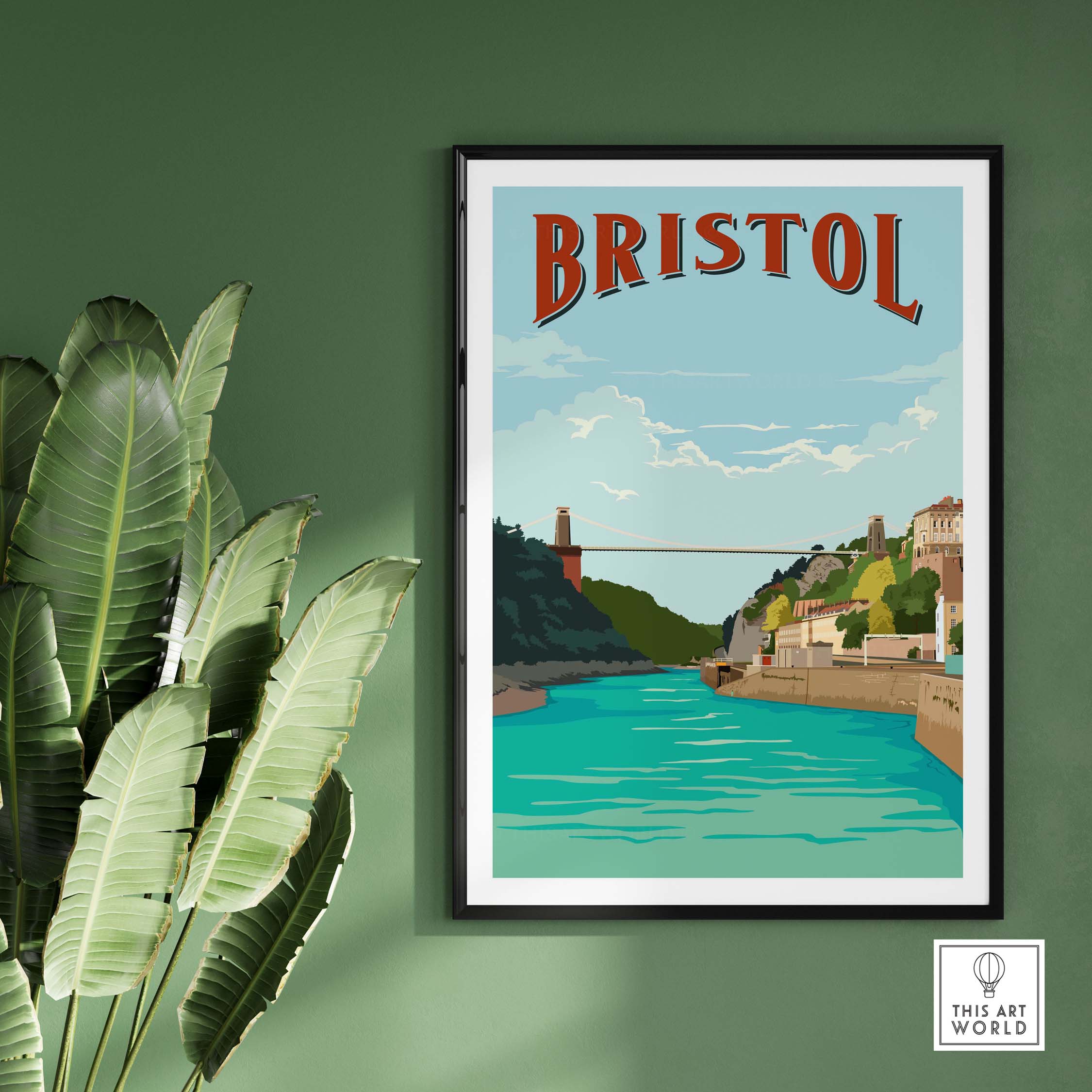 Vintage Bristol Print Poster Wall Art featuring the Clifton Suspension Bridge over a river, perfect for home decor.