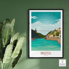 Bristol travel poster featuring the Clifton Suspension Bridge, inspired by vintage art, vibrant colors, and stylish wall decor.