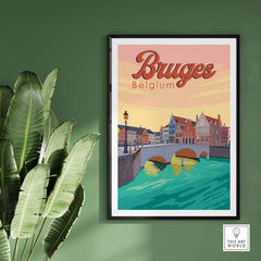 Vintage Bruges Print Poster showcasing the Augustijnenbrug and colorful buildings in Belgium.