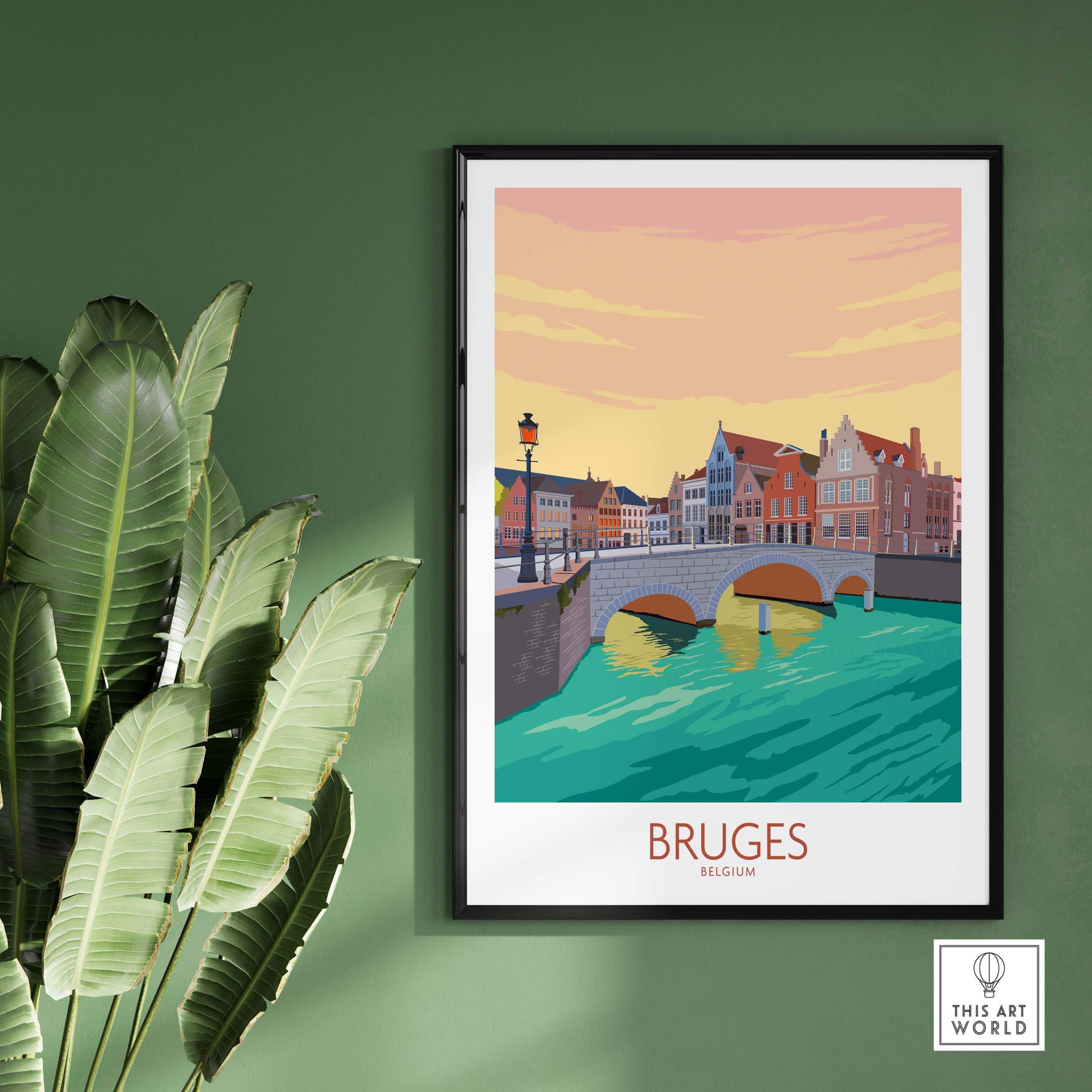 Bruges Belgium vintage travel poster in a stylish frame, showcasing the city's waterfront and architecture.