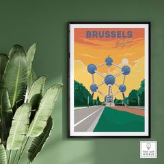 Brussels travel poster featuring the Atomium, framed wall art for home or office decor.
