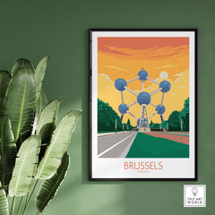 Brussels poster featuring Atomium landmark with vibrant sunset background, perfect for travel art decor.