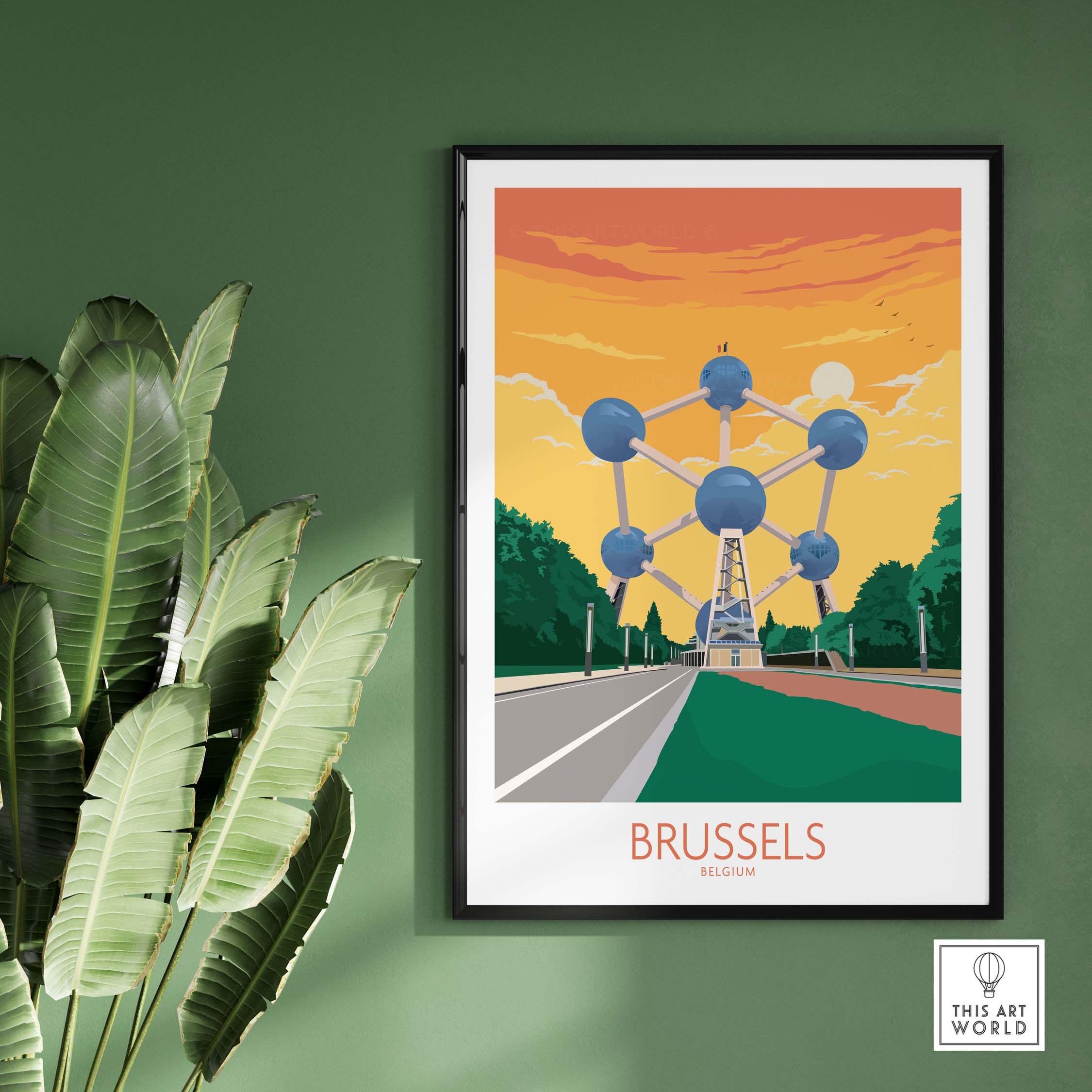 Brussels poster featuring Atomium landmark with vibrant sunset background, perfect for travel art decor.