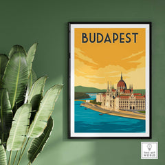 Vintage Budapest Print Poster Wall Art featuring iconic buildings and a vibrant color palette.