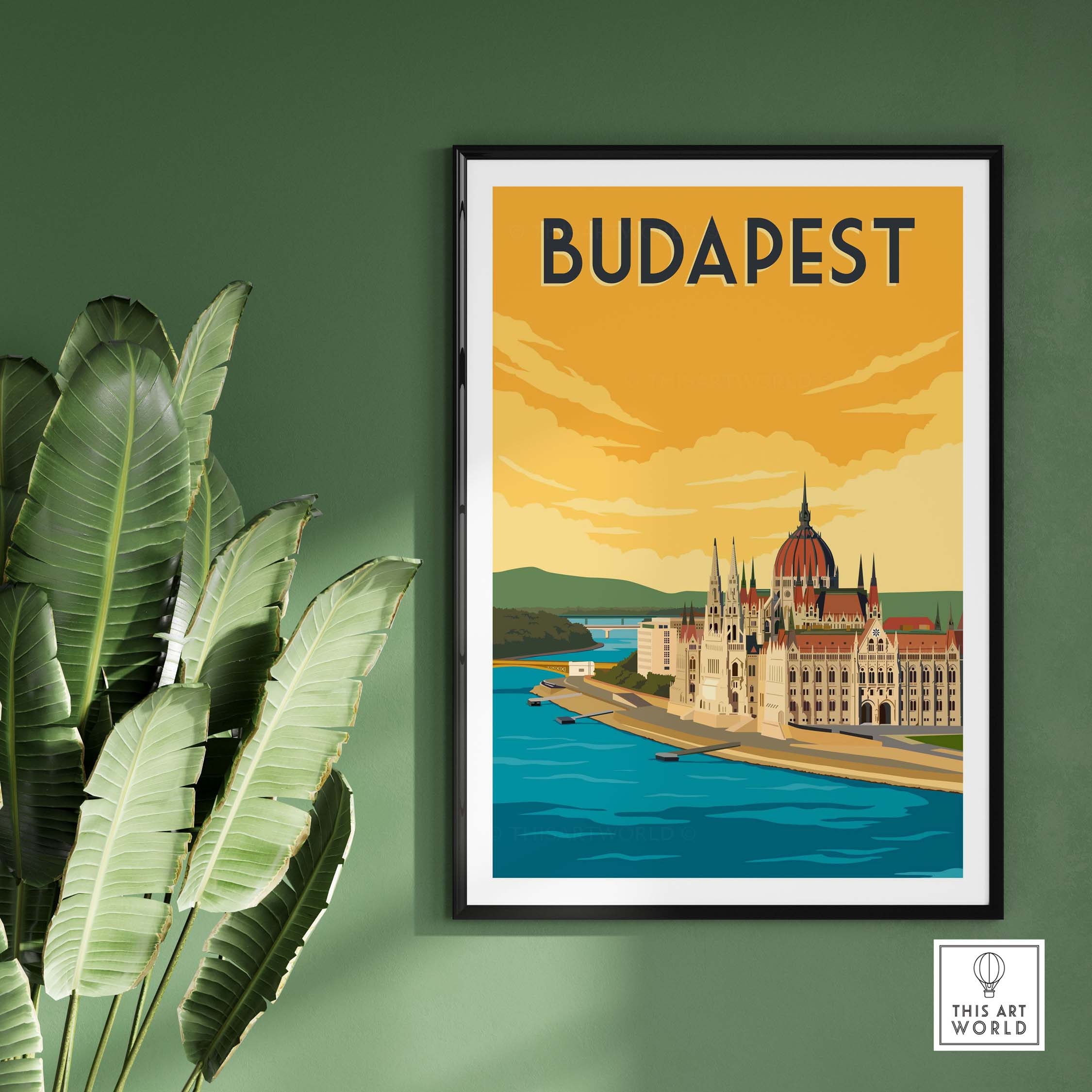 Vintage Budapest Print Poster Wall Art featuring iconic buildings and a vibrant color palette.