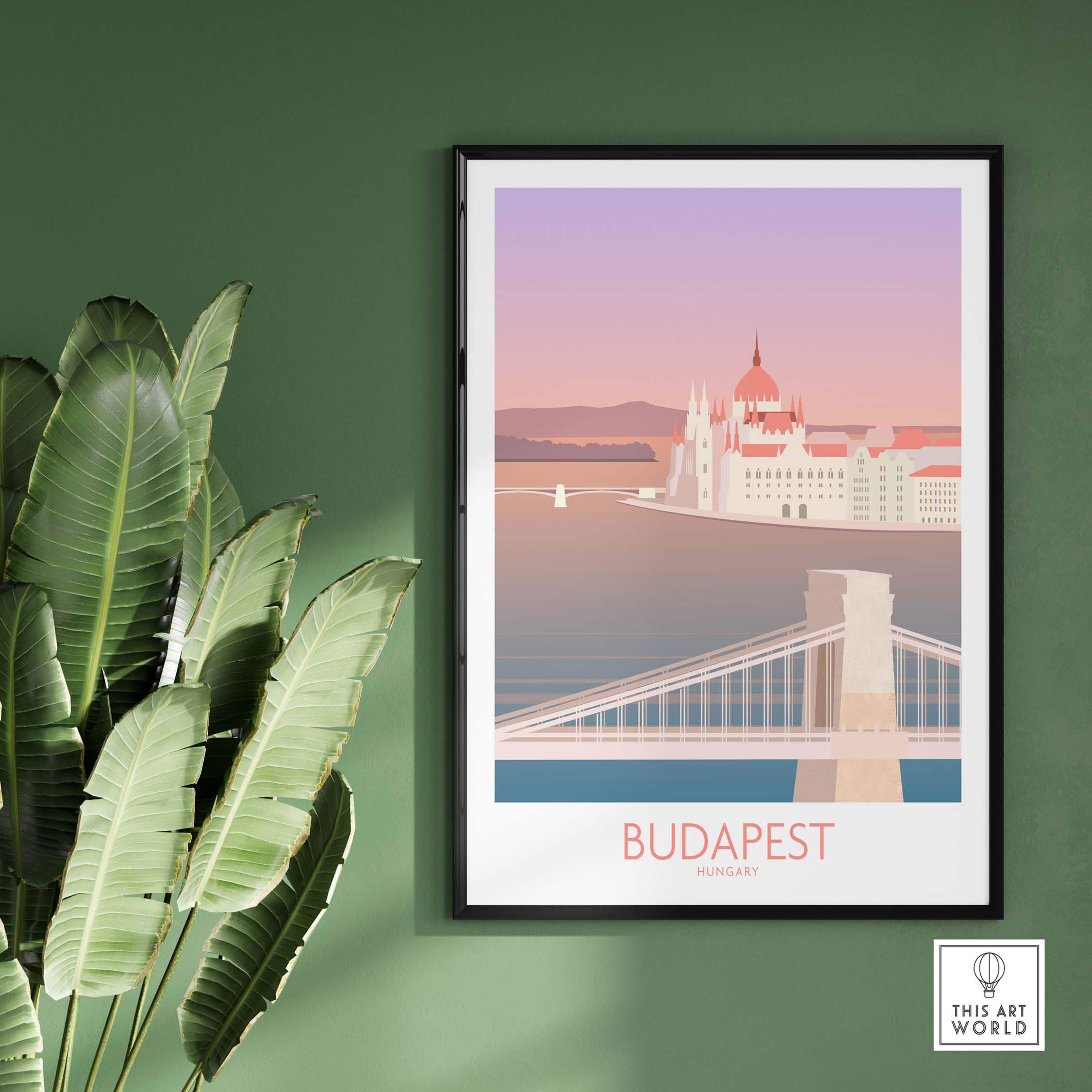 Stylish Budapest Print featuring the Chain Bridge and city skyline, perfect for home or office decor.