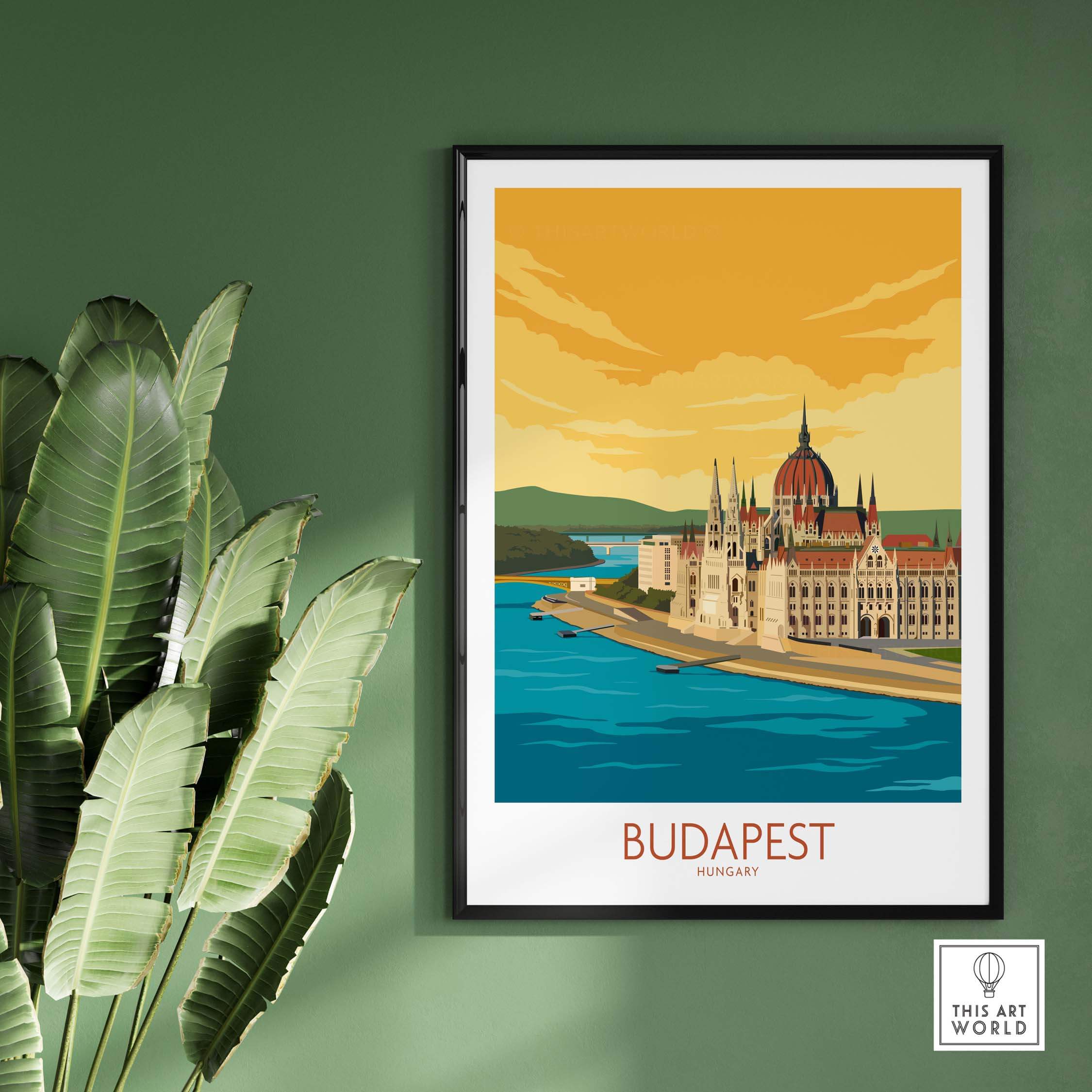 Stylish Budapest poster art featuring the Hungarian Parliament with a vintage design, perfect for home decor.