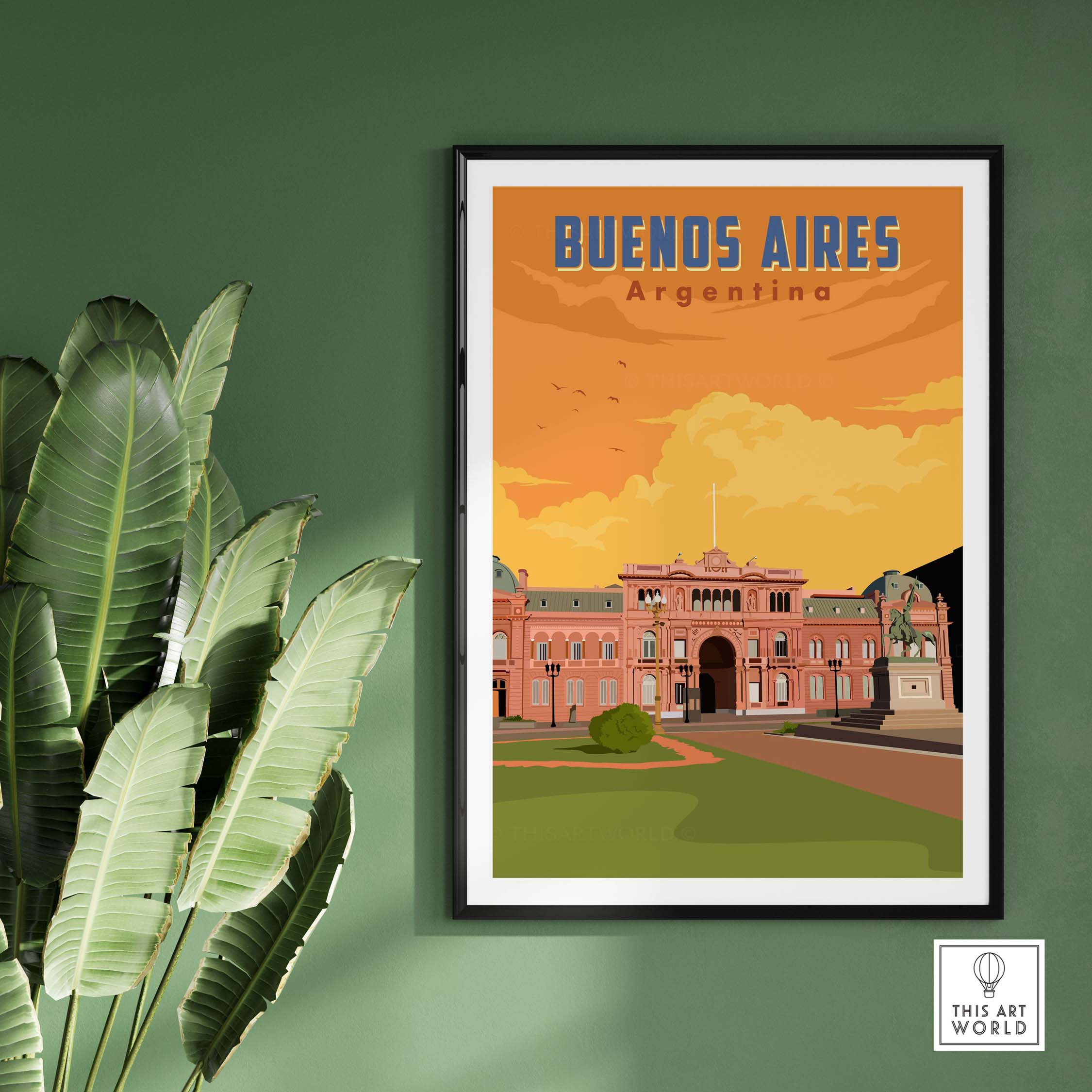 Buenos Aires vintage travel poster print featuring vibrant colors and iconic architecture of Argentina.