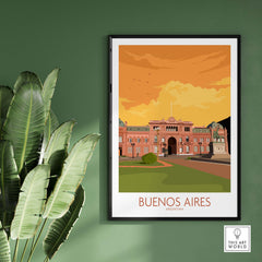 Buenos Aires vintage travel poster framed on green wall, showcasing Argentine architecture and inspiring wanderlust.