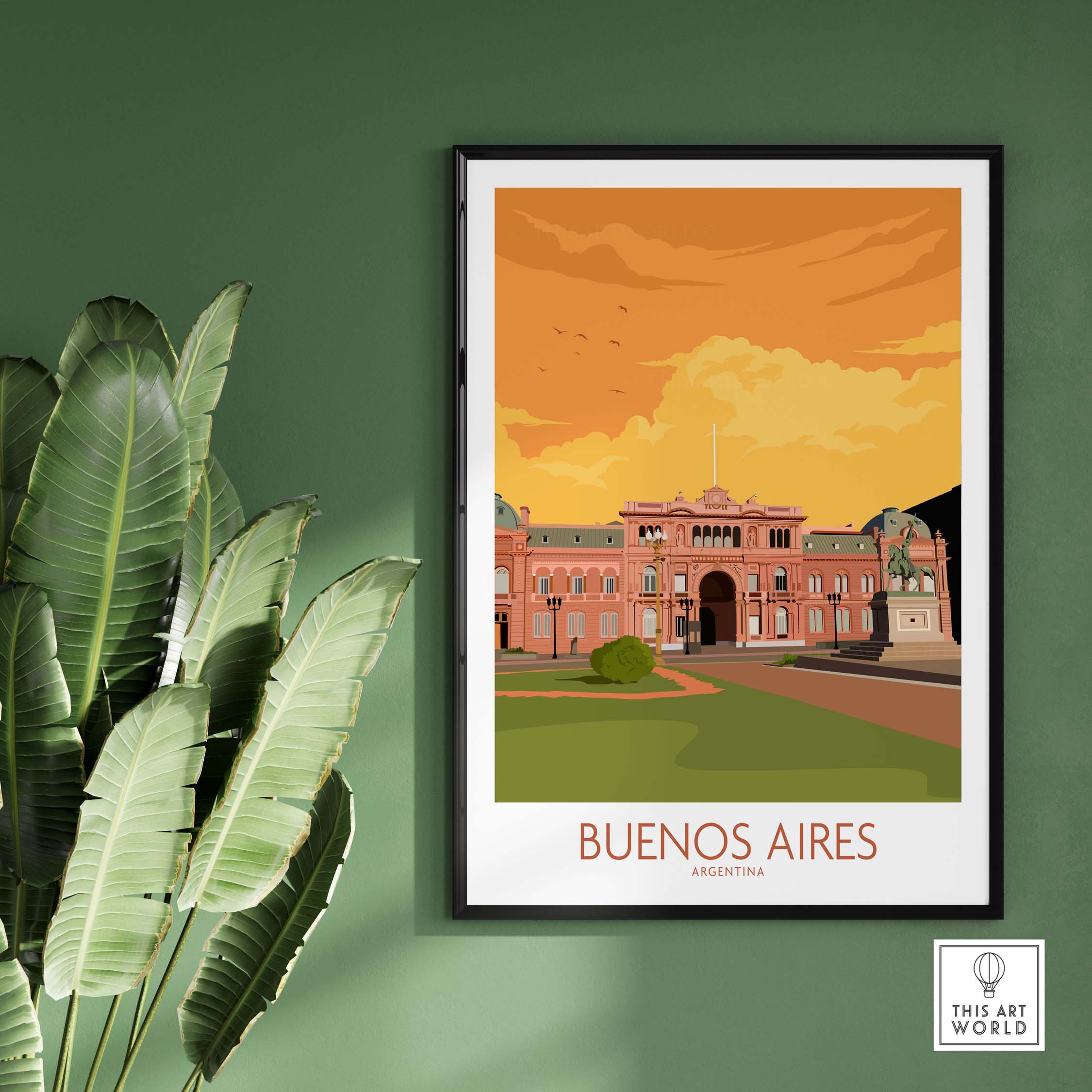 Buenos Aires vintage travel poster framed on green wall, showcasing Argentine architecture and inspiring wanderlust.