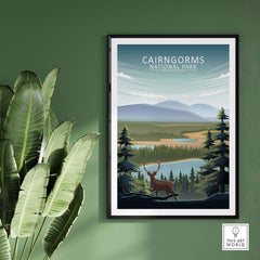 Cairngorms National Park poster print with a stag in a scenic landscape, perfect for nature lovers and home decor.