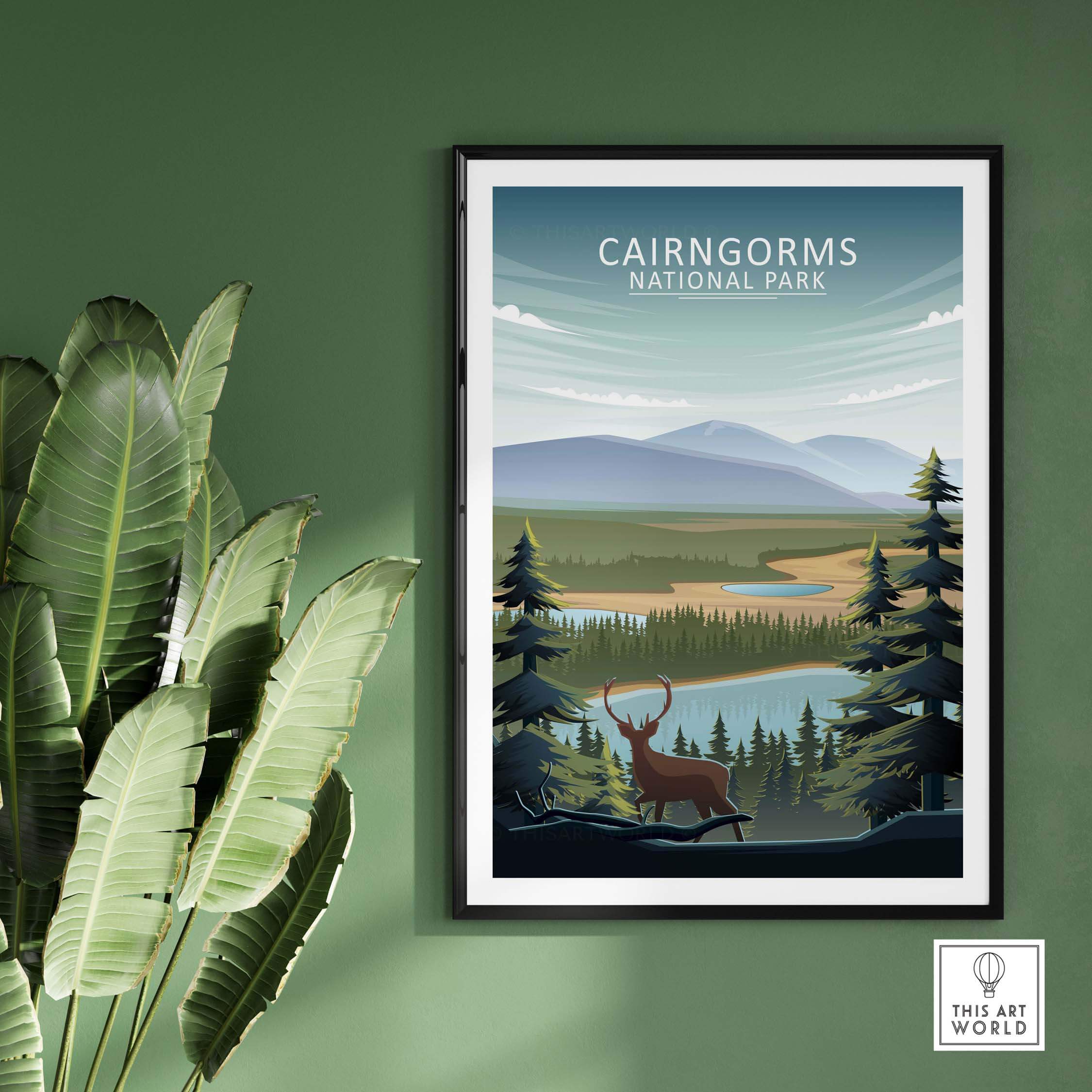 Cairngorms National Park poster print with a stag in a scenic landscape, perfect for nature lovers and home decor.