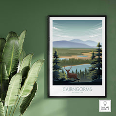 Cairngorms National Park poster art print featuring mountains, forests, and a stag, perfect for nature lovers.