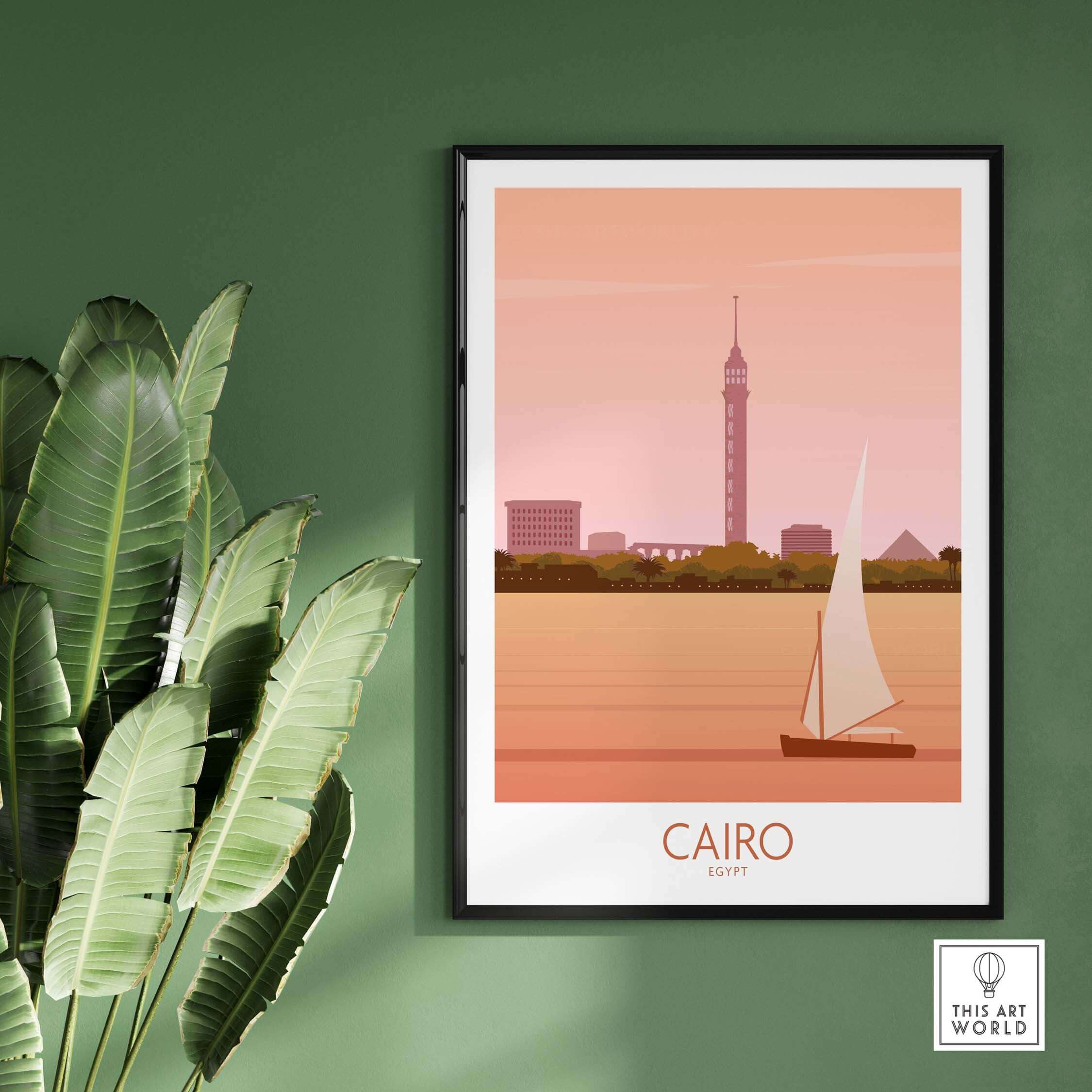 Cairo travel poster print featuring Nile River, city skyline, and vintage artwork in stylish frame.