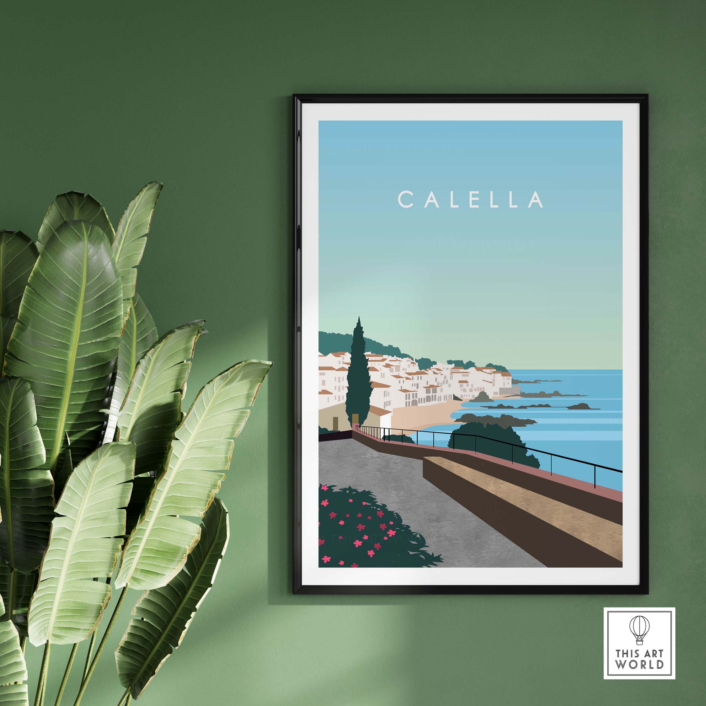 Vintage-inspired Calella Spain print poster featuring coastal scenery and lush greenery, perfect for home decor.