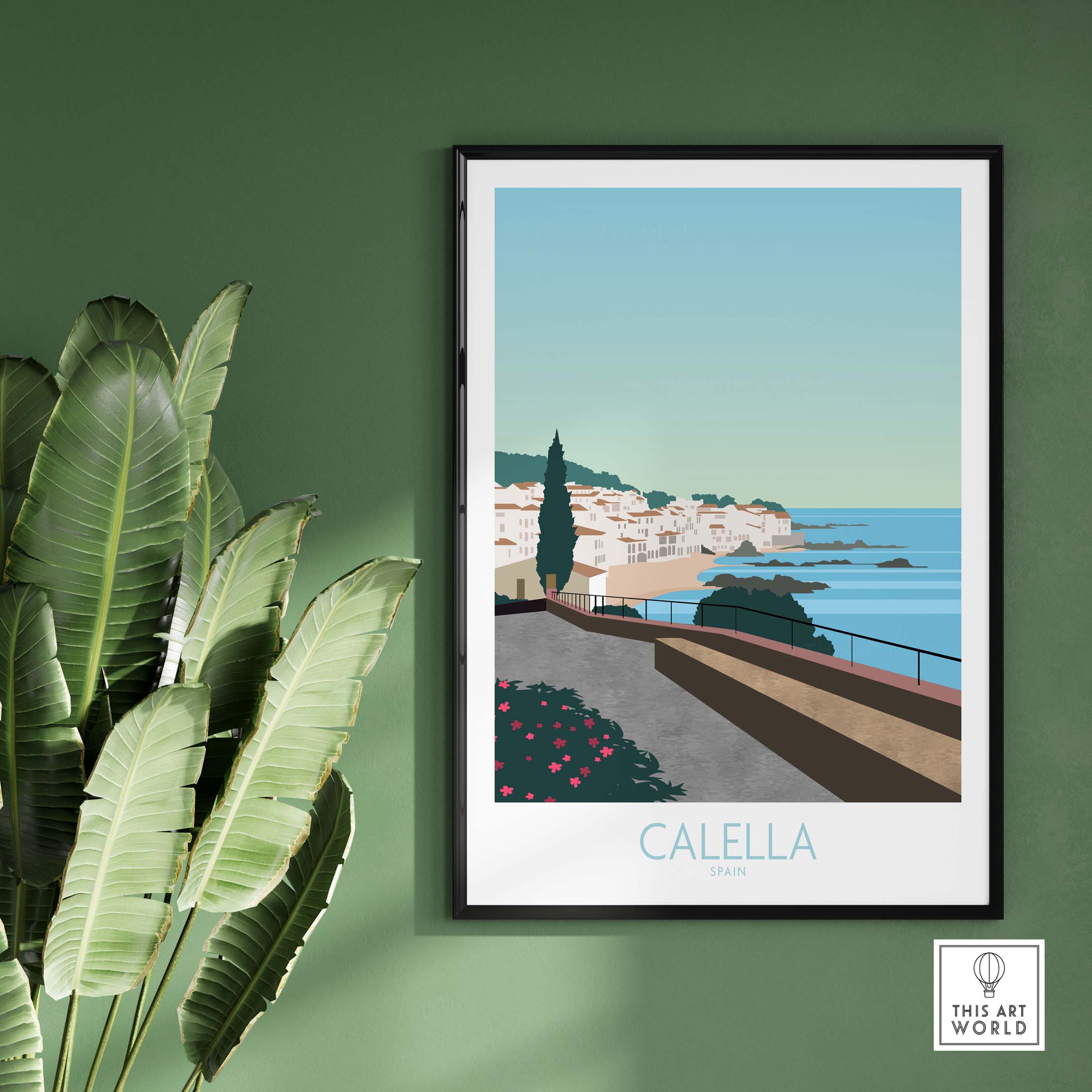 Costa Brava Calella Spain travel poster in a stylish frame, showcasing coastal scenery and vibrant colors.