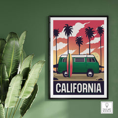 California poster wall art featuring a vintage van, surfboard, and palm trees against a colorful sunset.