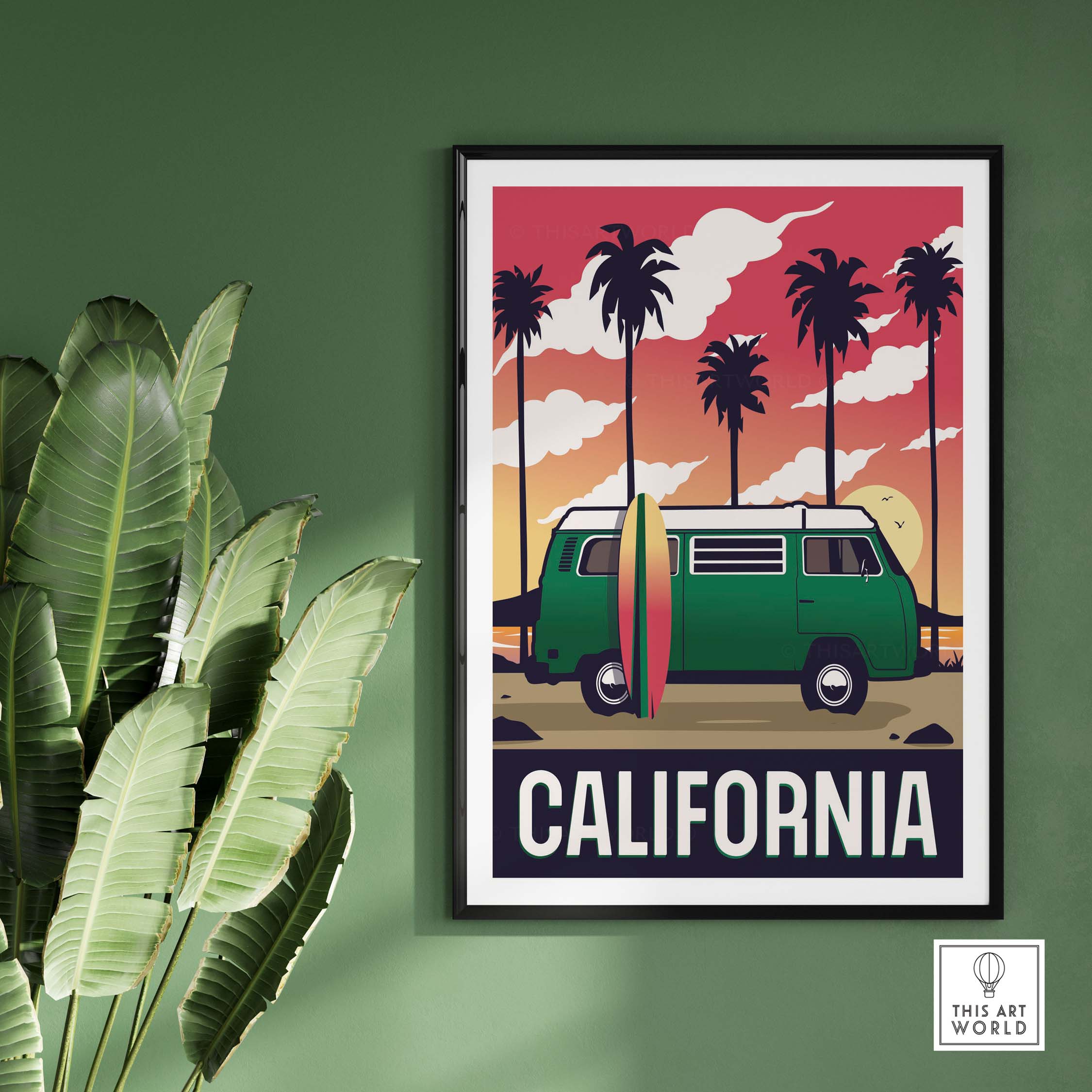 California poster wall art featuring a vintage van, surfboard, and palm trees against a colorful sunset.