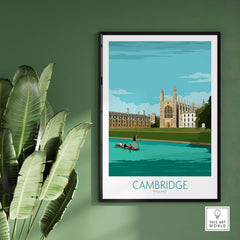 Framed Cambridge Print artwork featuring King's College, vibrant travel poster on green wall.