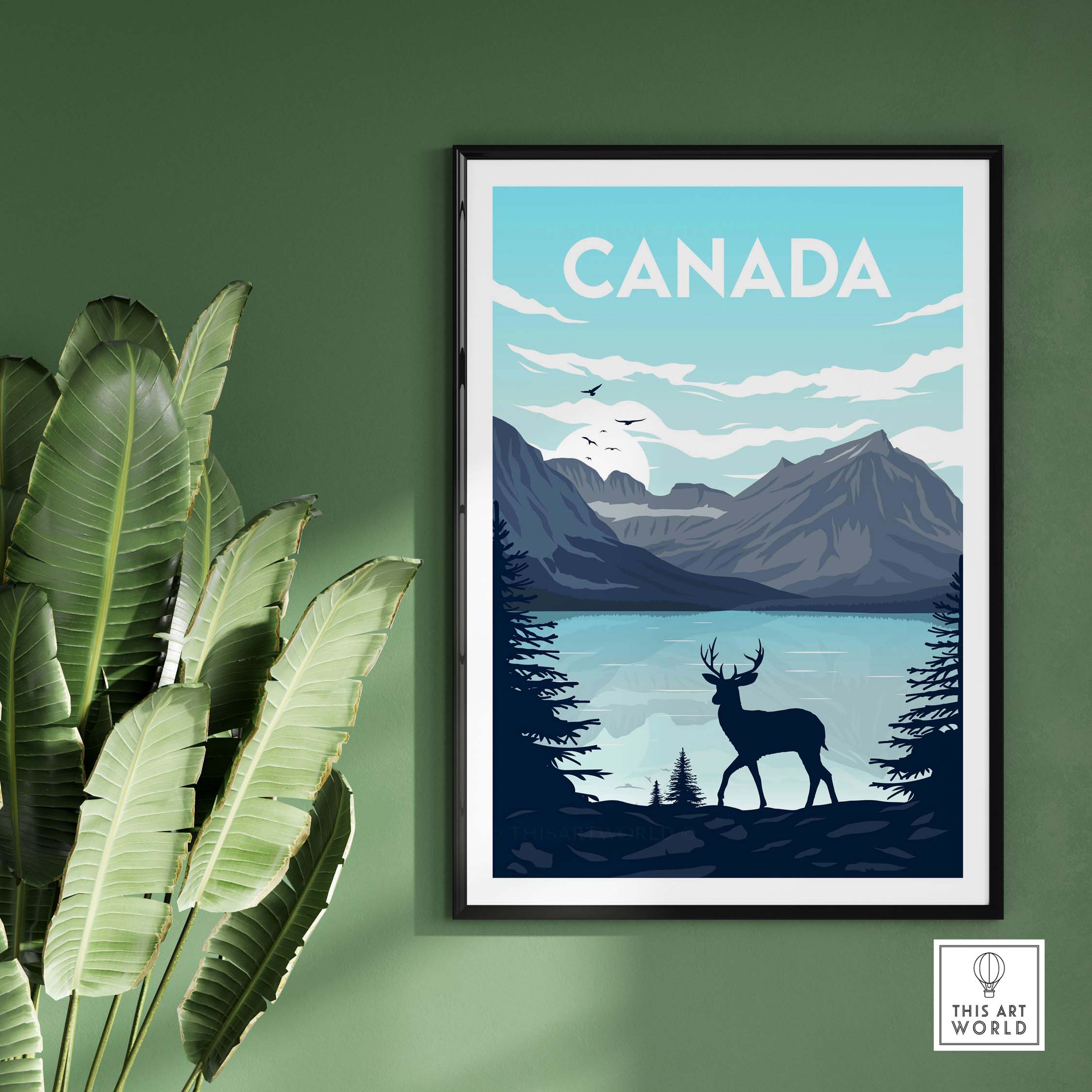 Canada poster wall art featuring a majestic stag and scenic mountains, perfect for home or office decor.