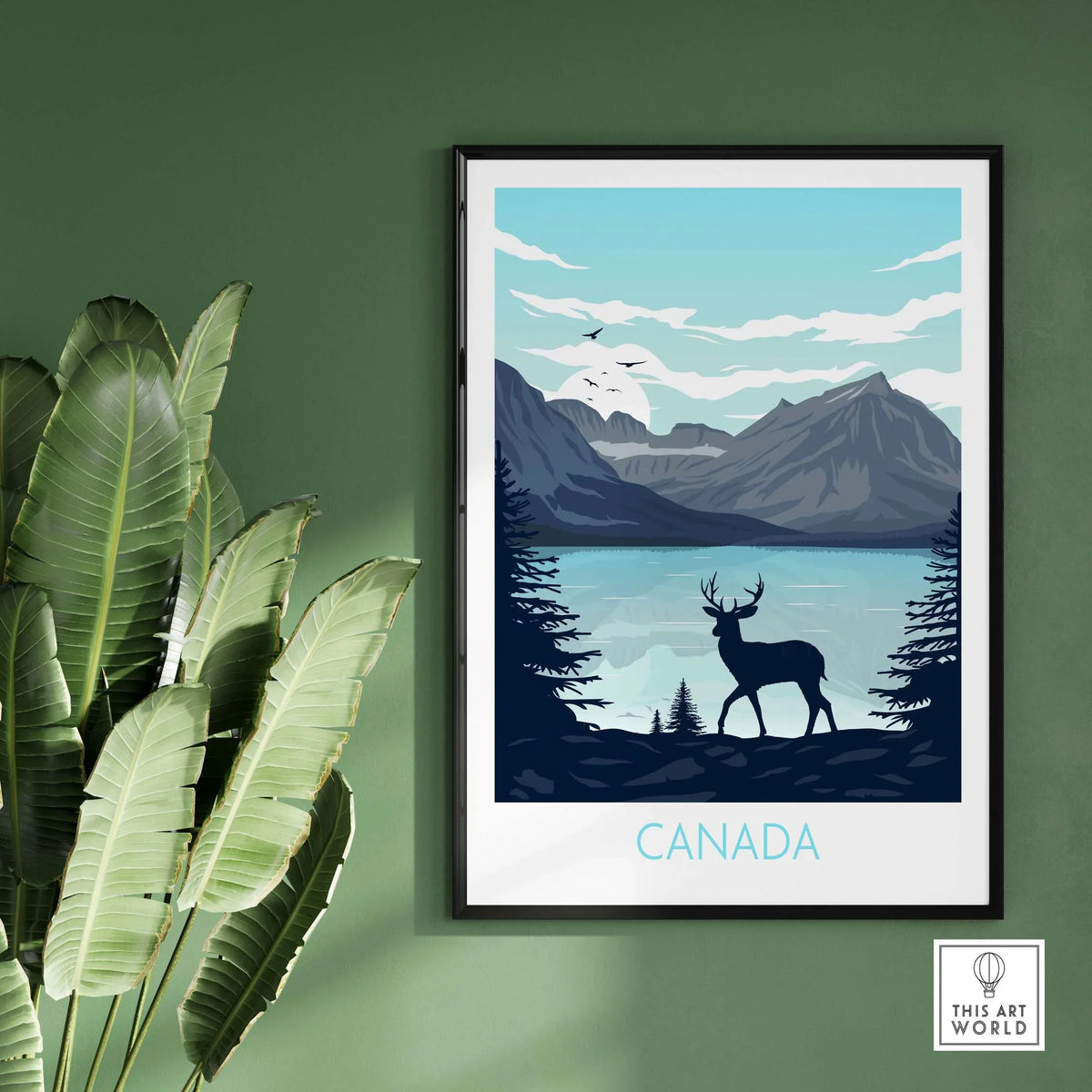 Canada travel poster print featuring a stag by a lake, surrounded by mountains and trees, ideal for wall art.