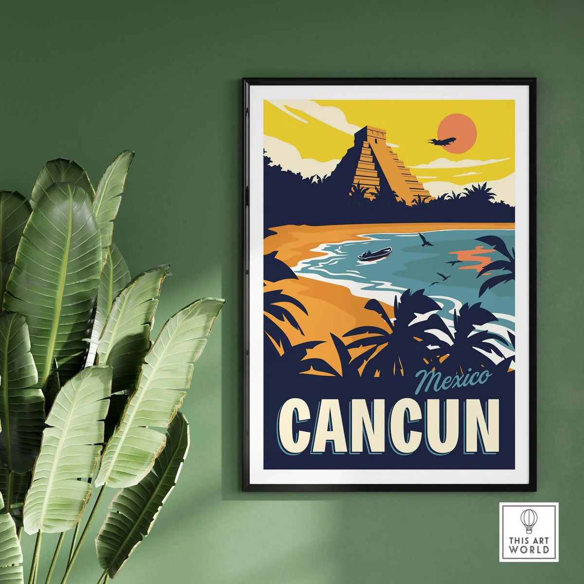 Colorful Cancun poster wall art showcasing a beach, palm trees, and Mayan ruins, perfect for home decor.