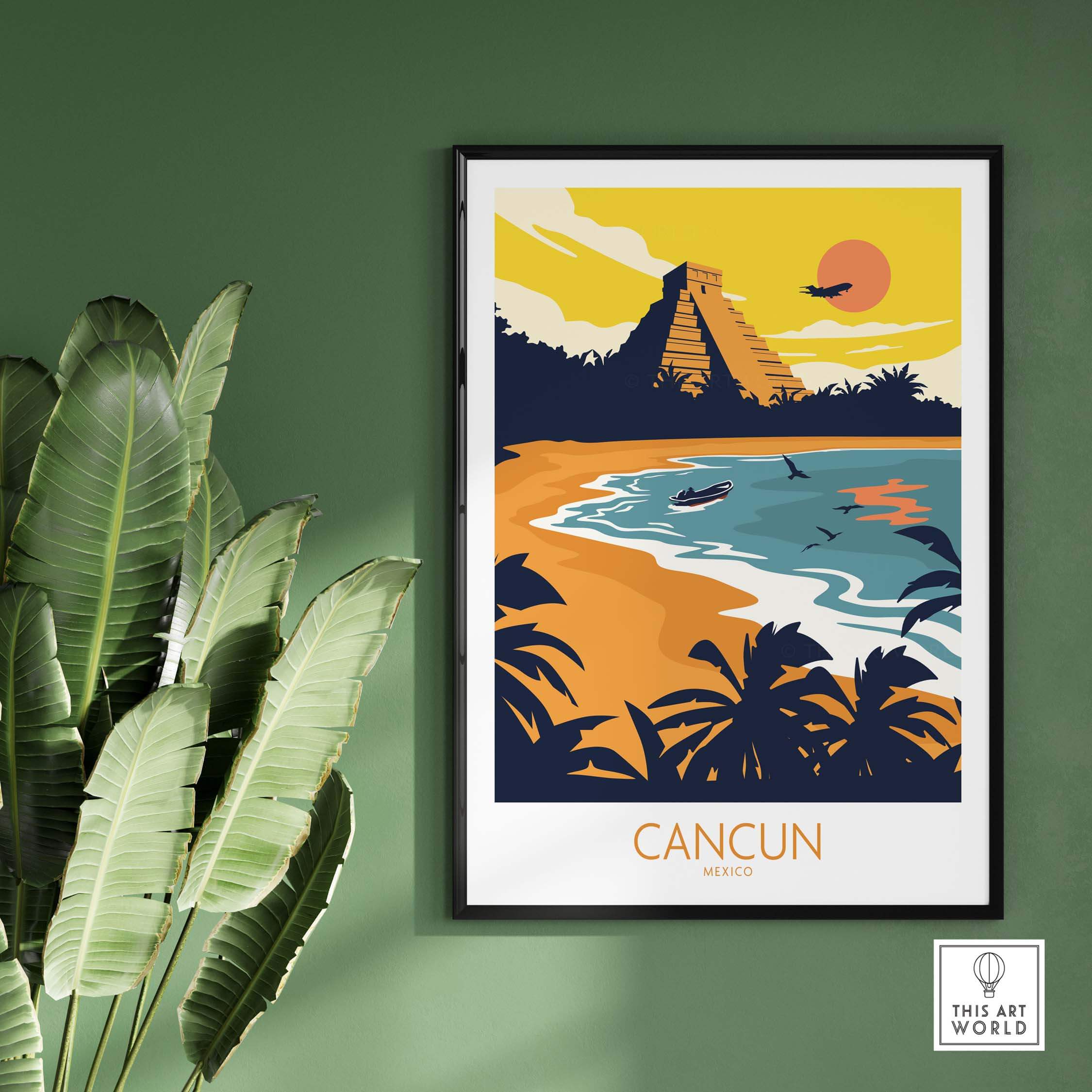 Cancun travel poster print featuring beach, Mayan ruins, and vibrant sunset, perfect for home or office decor.