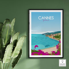 Cannes France Poster Print, minimalist vintage travel art, framed on wall with plants, from This Art World.