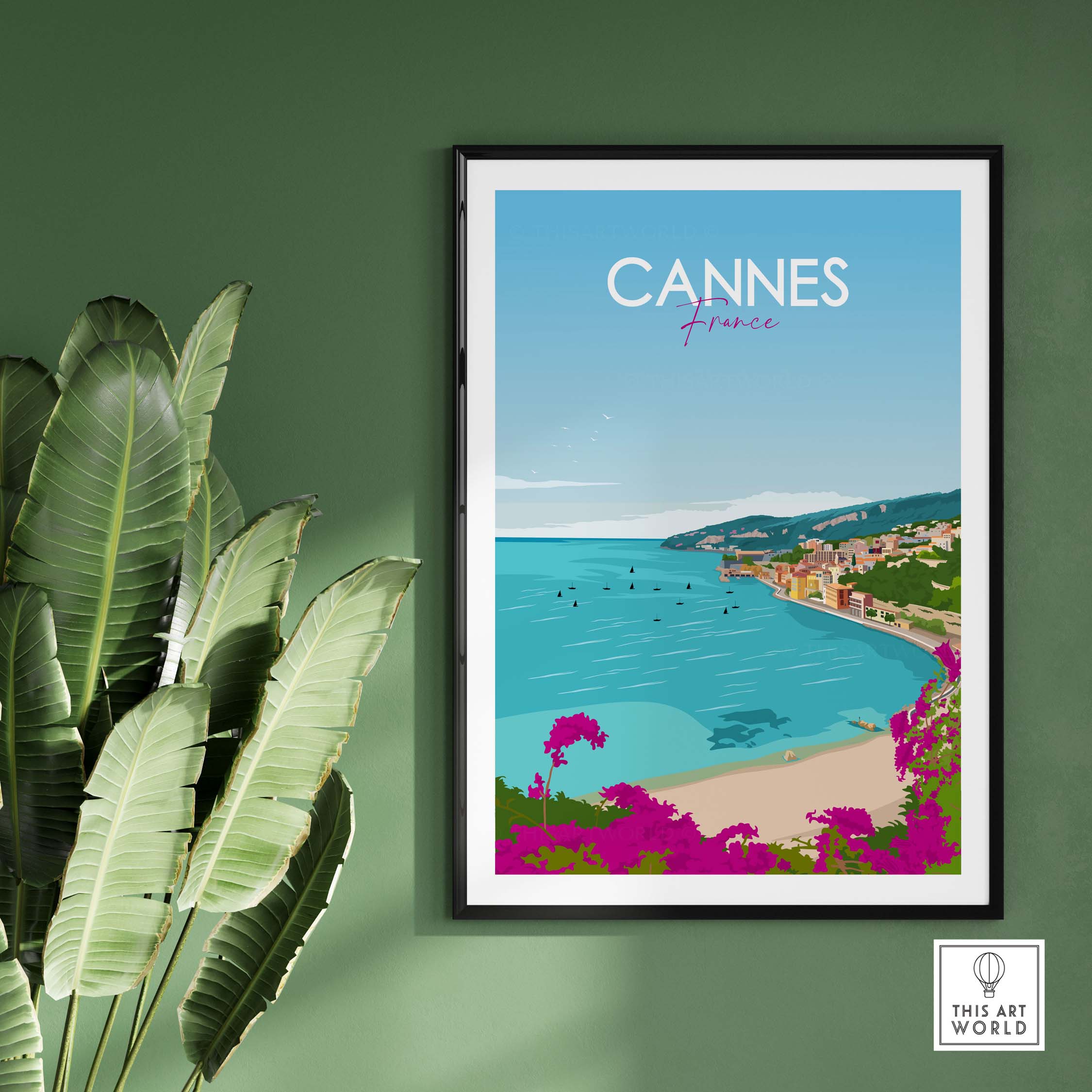 Cannes France Poster Print, minimalist vintage travel art, framed on wall with plants, from This Art World.