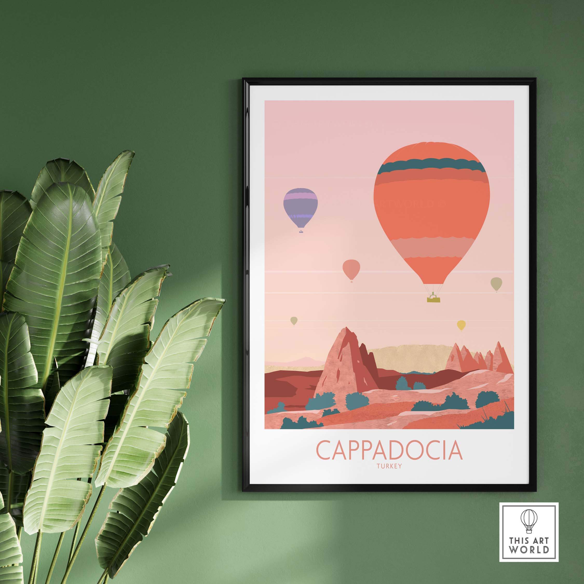 Cappadocia Print featuring colorful hot air balloons, vintage travel poster design, ideal for home or office decor.