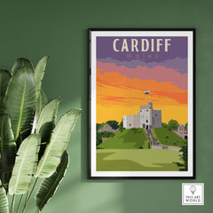 Cardiff Poster Wales Print showcasing a vintage design of Cardiff Castle at sunset, perfect for home decor.