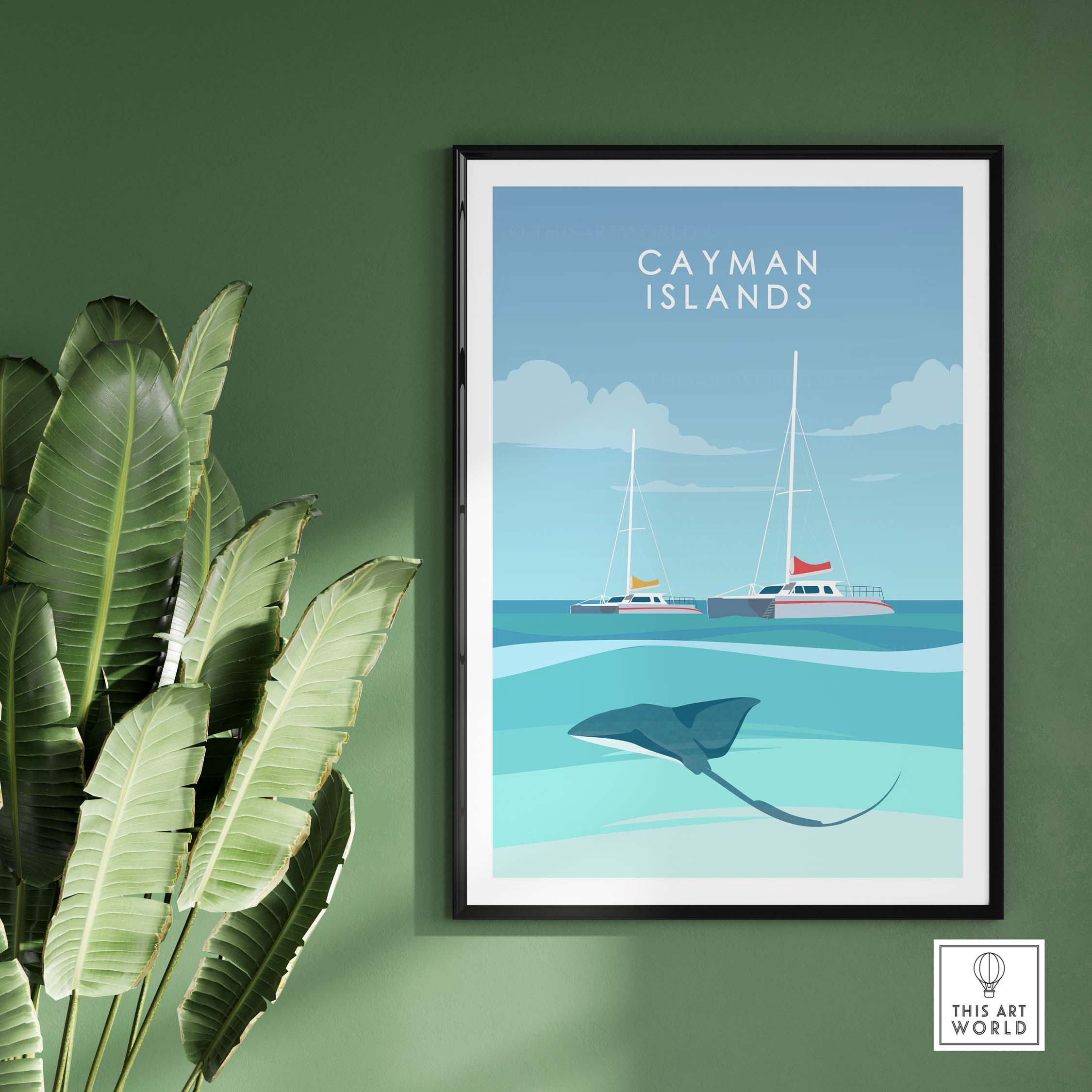 Cayman Islands Poster Print featuring a sting ray and sailboats against a blue ocean backdrop.