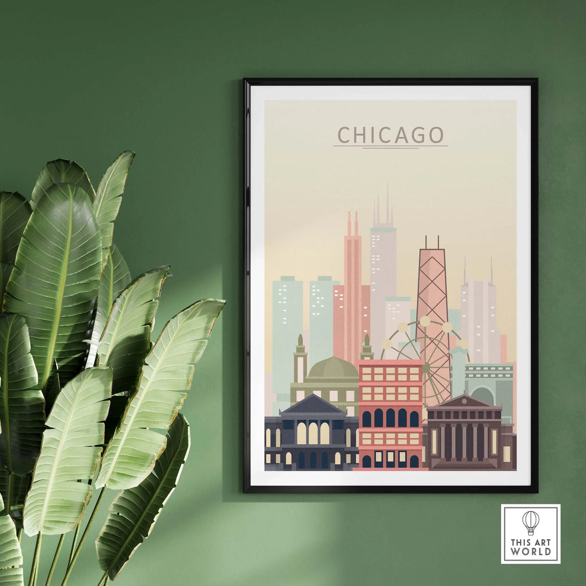 Chicago skyline wall art poster in pastel tones, framed and displayed on a green wall with decorative plant.