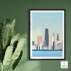 Chicago skyline wall art poster with vintage design, framed, against a green wall. Perfect for home or office decor.